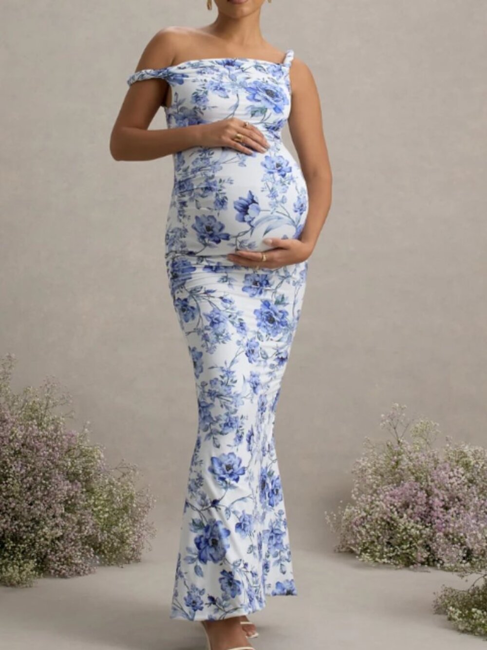 Club L London Lita Blue Floral Print Maternity Maxi Dress